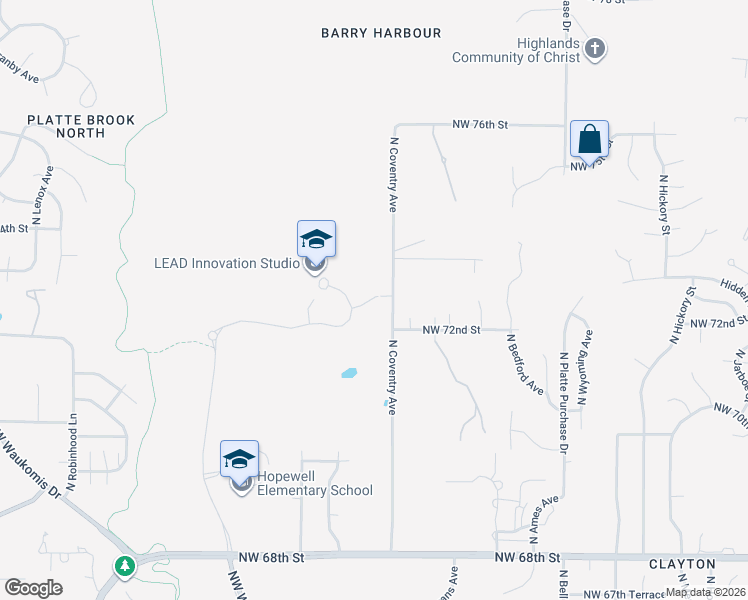 map of restaurants, bars, coffee shops, grocery stores, and more near 7251 North Coventry Avenue in Kansas City