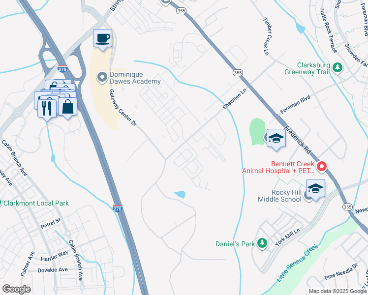 map of restaurants, bars, coffee shops, grocery stores, and more near 13250 Shawnee Lane in Clarksburg