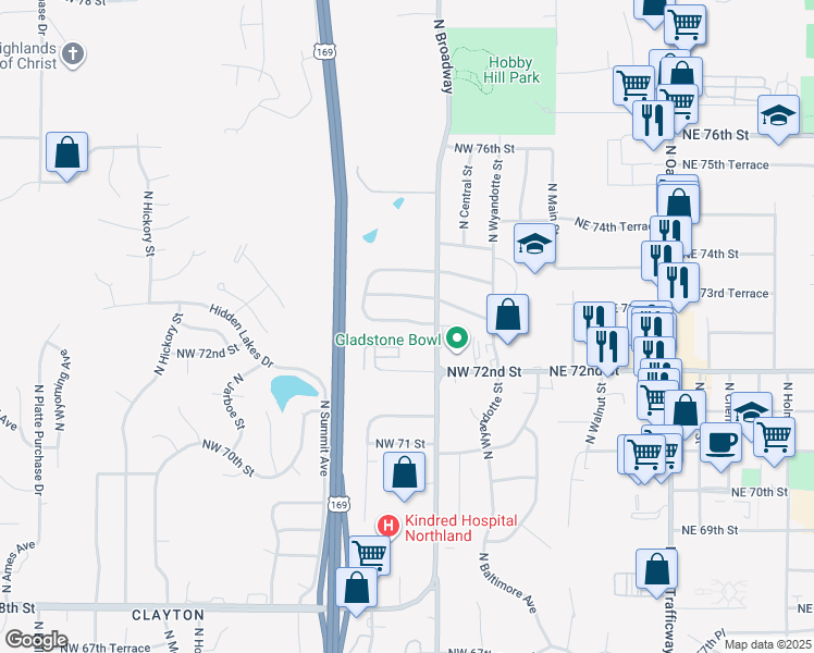 map of restaurants, bars, coffee shops, grocery stores, and more near 415 Northwest 72 Terrace in Kansas City