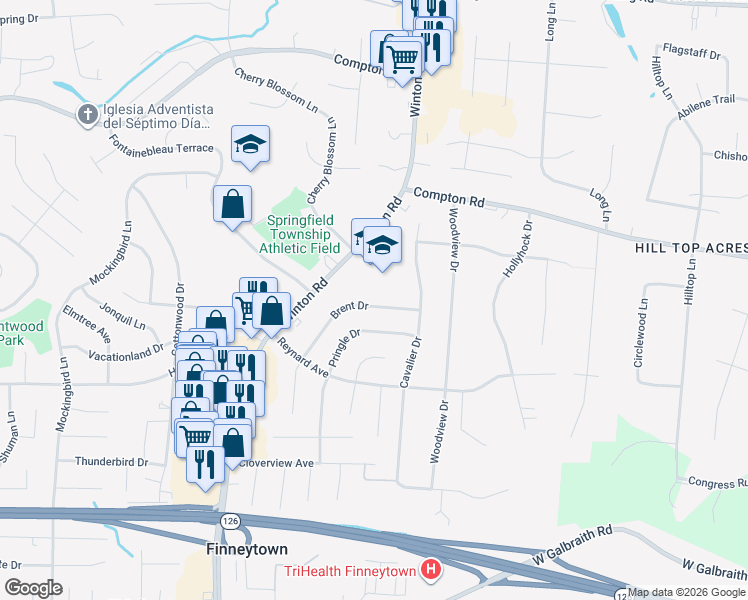 map of restaurants, bars, coffee shops, grocery stores, and more near 8791 Brent Drive in Cincinnati