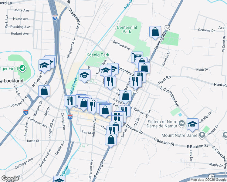 map of restaurants, bars, coffee shops, grocery stores, and more near 214 Walnut Street in Cincinnati