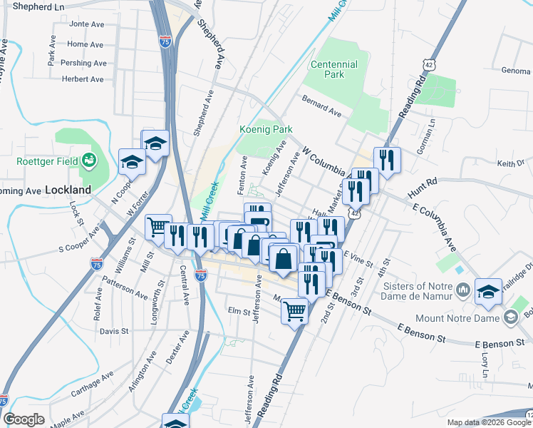 map of restaurants, bars, coffee shops, grocery stores, and more near 1217 Jefferson Avenue in Cincinnati