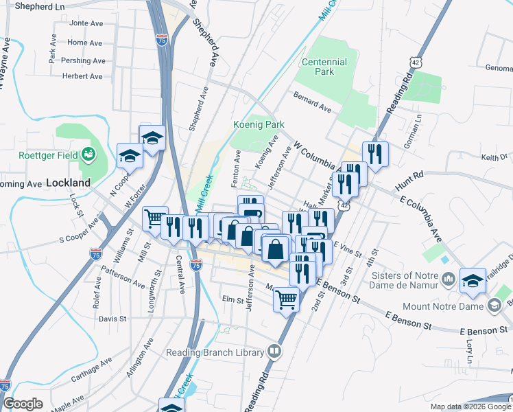 map of restaurants, bars, coffee shops, grocery stores, and more near 302 West Vine Street in Reading