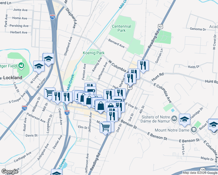 map of restaurants, bars, coffee shops, grocery stores, and more near 214 Walnut Street in Cincinnati