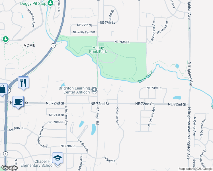 map of restaurants, bars, coffee shops, grocery stores, and more near 7301 North Mersington Avenue in Gladstone