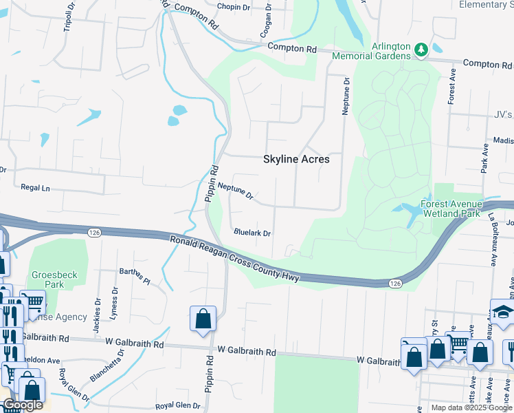 map of restaurants, bars, coffee shops, grocery stores, and more near 8556 Neptune Drive in Cincinnati