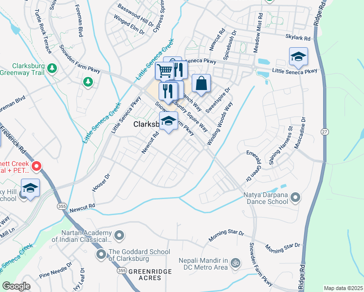 map of restaurants, bars, coffee shops, grocery stores, and more near 22427 Sweetspire Drive in Clarksburg