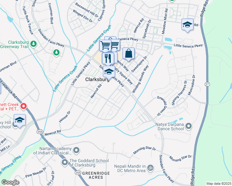 map of restaurants, bars, coffee shops, grocery stores, and more near 22427 Sweetspire Drive in Clarksburg