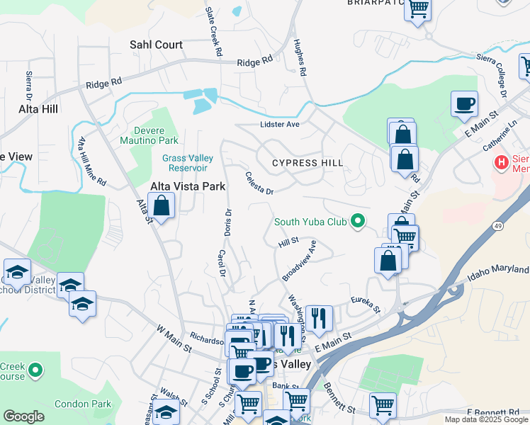 map of restaurants, bars, coffee shops, grocery stores, and more near 200 Jan Road in Grass Valley