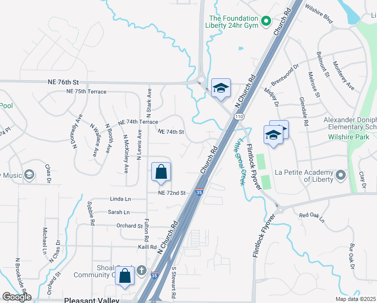 map of restaurants, bars, coffee shops, grocery stores, and more near 7329 North Lane Avenue in Kansas City