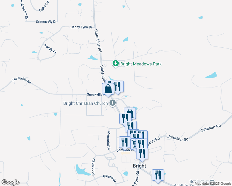 map of restaurants, bars, coffee shops, grocery stores, and more near 2150 Inghams Mill Lane in Lawrenceburg