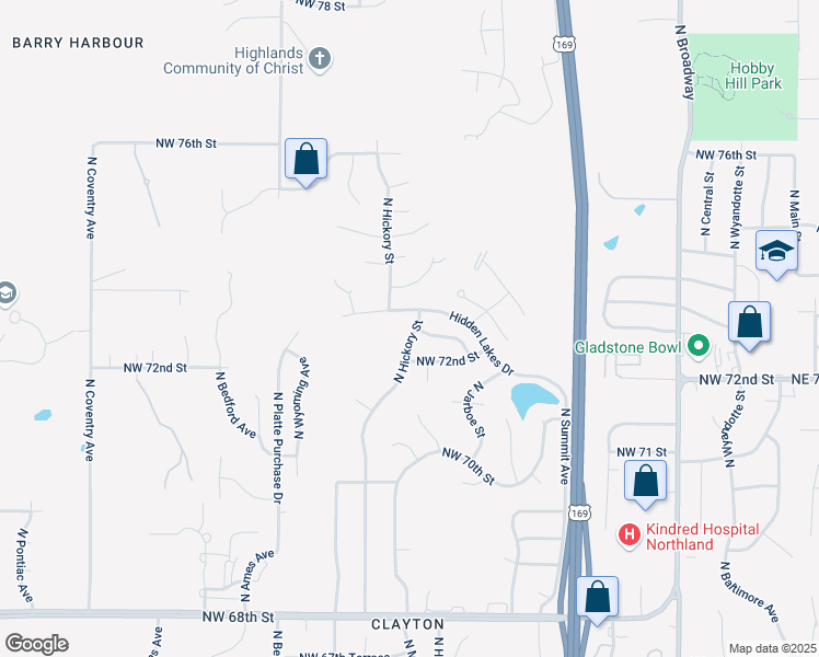 map of restaurants, bars, coffee shops, grocery stores, and more near 7228 North Hickory Street in Kansas City