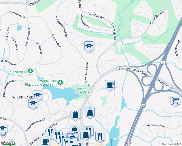 map of restaurants, bars, coffee shops, grocery stores, and more near 5234 West Running Brook Road in Columbia