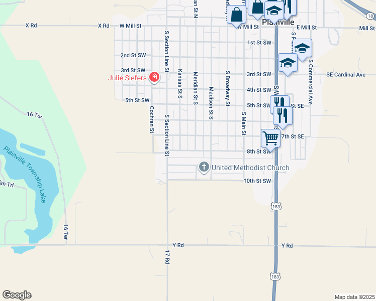 map of restaurants, bars, coffee shops, grocery stores, and more near 648 8th Street Southwest in Plainville