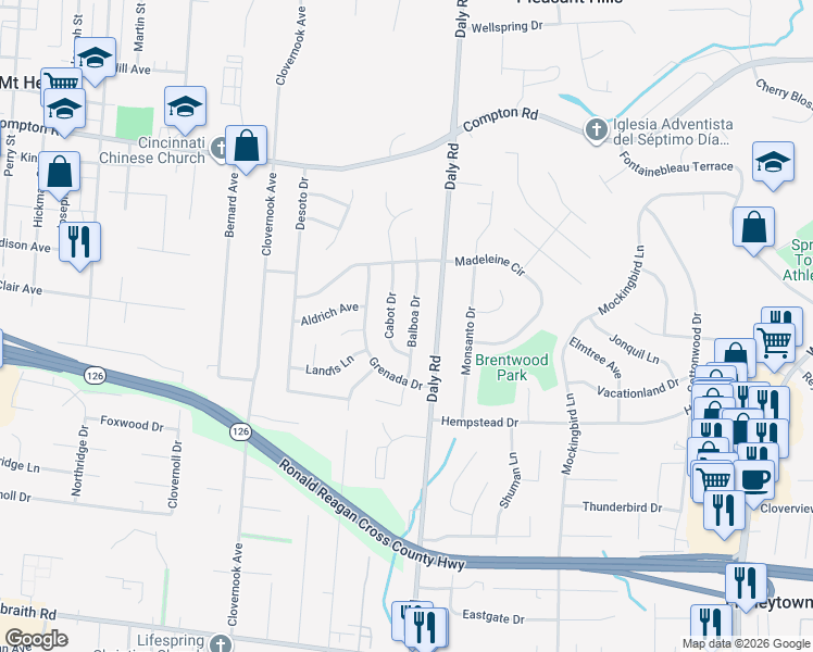 map of restaurants, bars, coffee shops, grocery stores, and more near 8777 Balboa Drive in Cincinnati