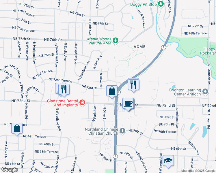 map of restaurants, bars, coffee shops, grocery stores, and more near 2408 Northeast 73rd Street in Kansas City