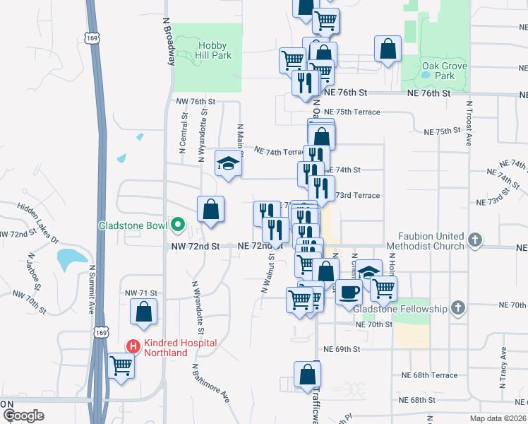 map of restaurants, bars, coffee shops, grocery stores, and more near 103 Northeast 73rd Street in Kansas City