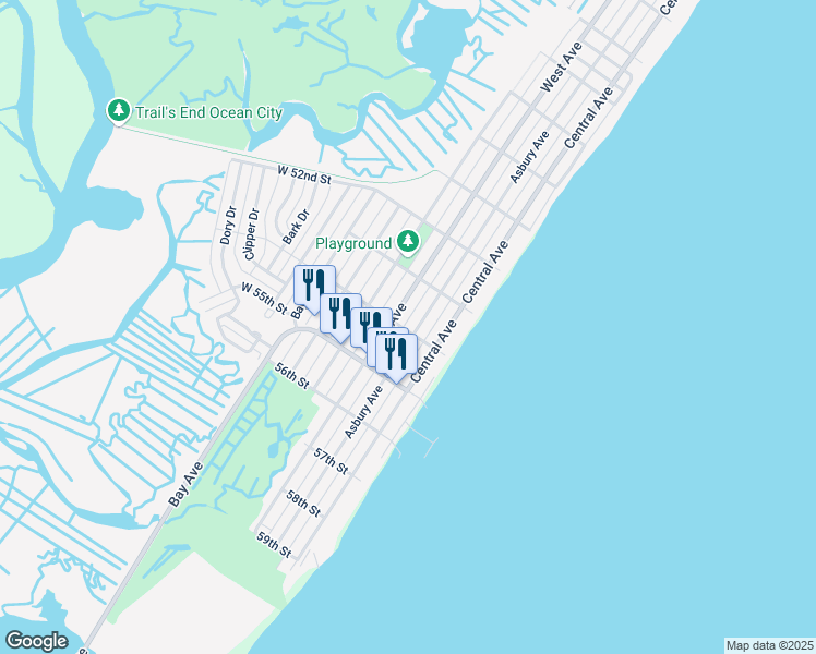 map of restaurants, bars, coffee shops, grocery stores, and more near 5348 Asbury Avenue in Ocean City