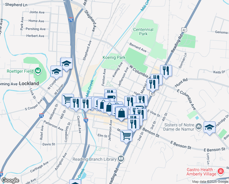 map of restaurants, bars, coffee shops, grocery stores, and more near 1217 Jefferson Avenue in Cincinnati