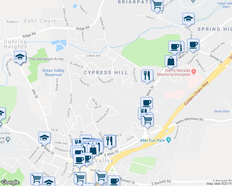 map of restaurants, bars, coffee shops, grocery stores, and more near 126 West Berryhill Drive in Grass Valley
