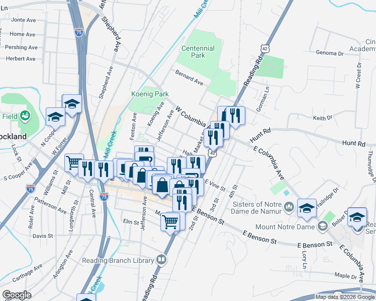 map of restaurants, bars, coffee shops, grocery stores, and more near 114 Halker Avenue in Cincinnati