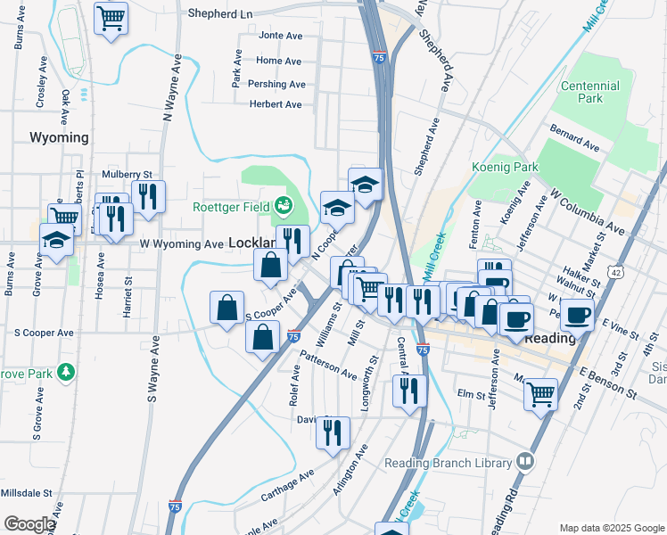 map of restaurants, bars, coffee shops, grocery stores, and more near 114 North Cooper Avenue in Cincinnati