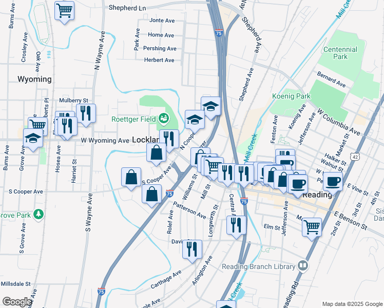 map of restaurants, bars, coffee shops, grocery stores, and more near 114 North Cooper Avenue in Cincinnati