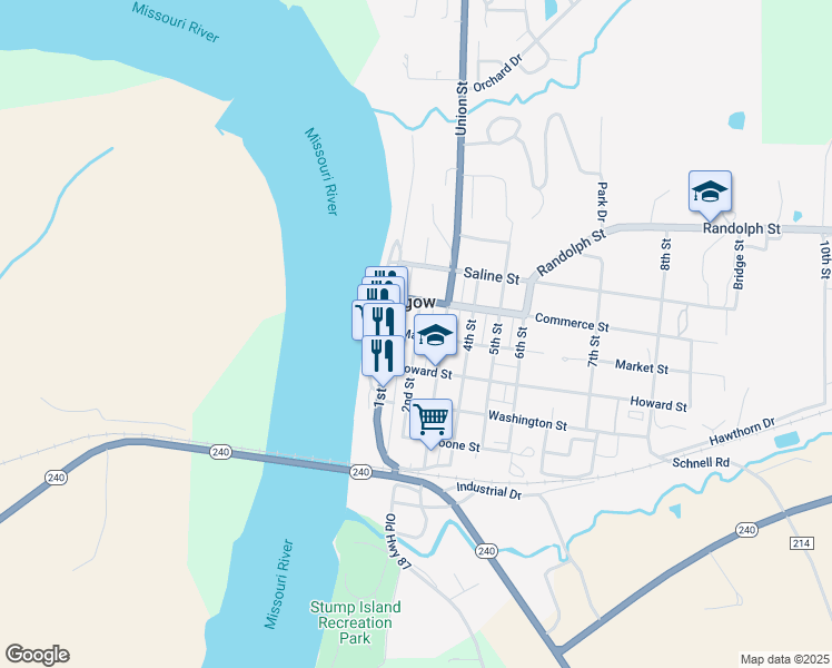 map of restaurants, bars, coffee shops, grocery stores, and more near 603 2nd Street in Glasgow