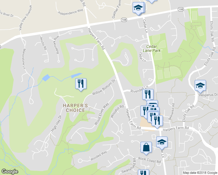 map of restaurants, bars, coffee shops, grocery stores, and more near 11015 Willow Bottom Drive in Columbia
