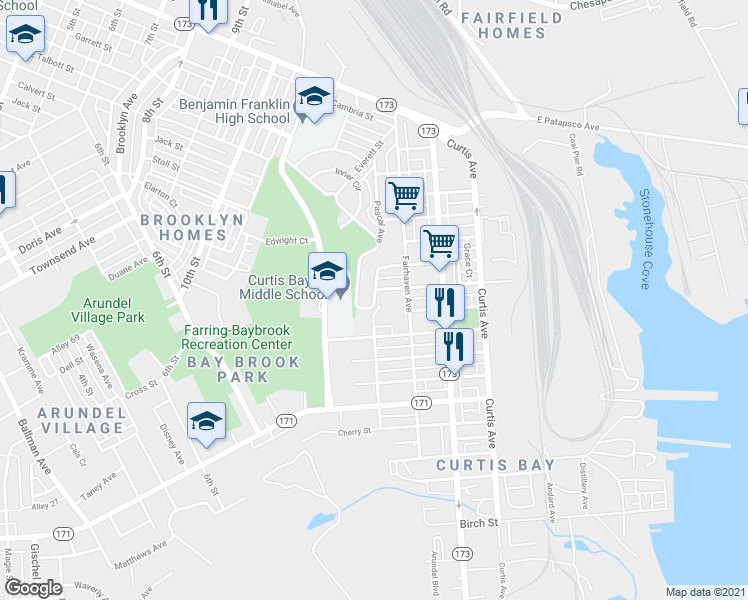 map of restaurants, bars, coffee shops, grocery stores, and more near Prudence St & Hazel St in Baltimore