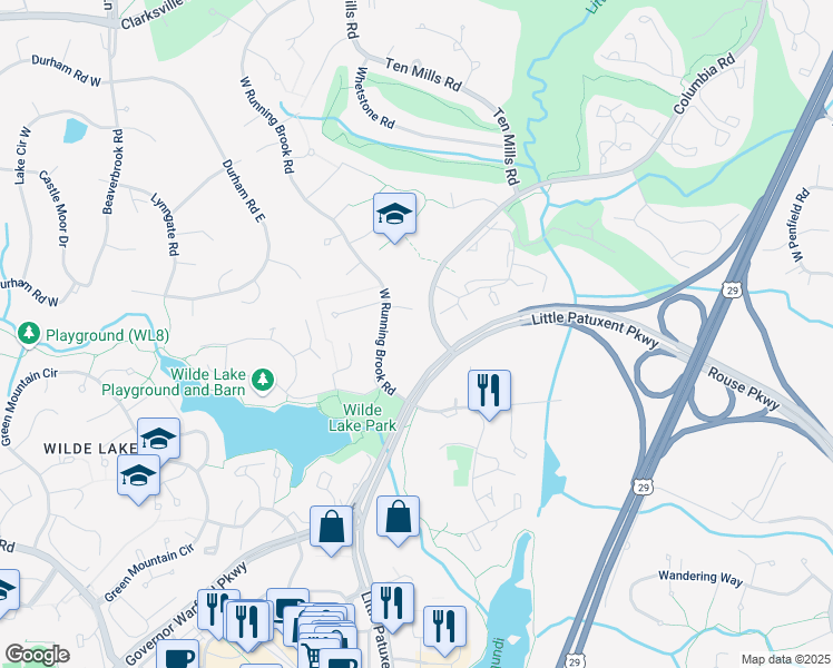 map of restaurants, bars, coffee shops, grocery stores, and more near 5235 West Running Brook Road in Columbia