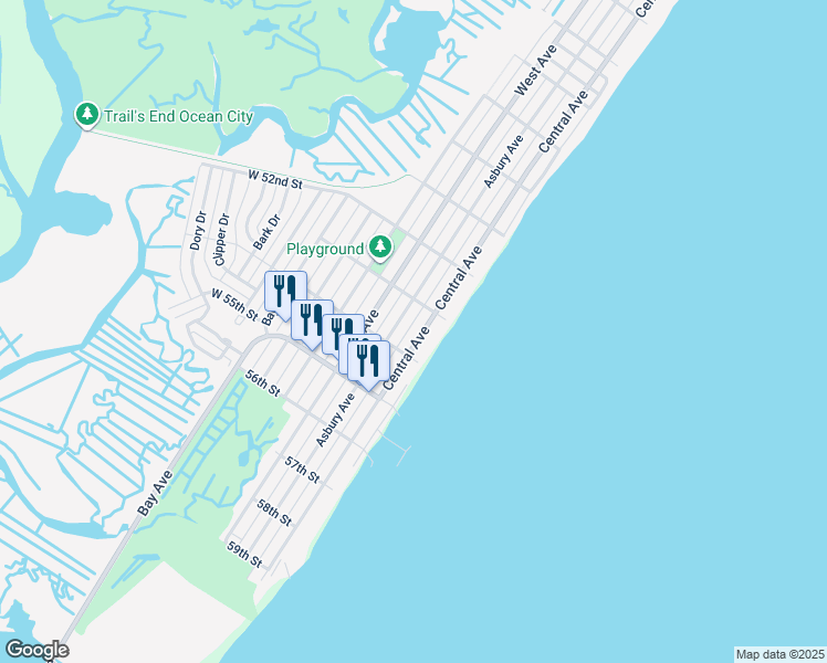 map of restaurants, bars, coffee shops, grocery stores, and more near 5324 Central Avenue in Ocean City