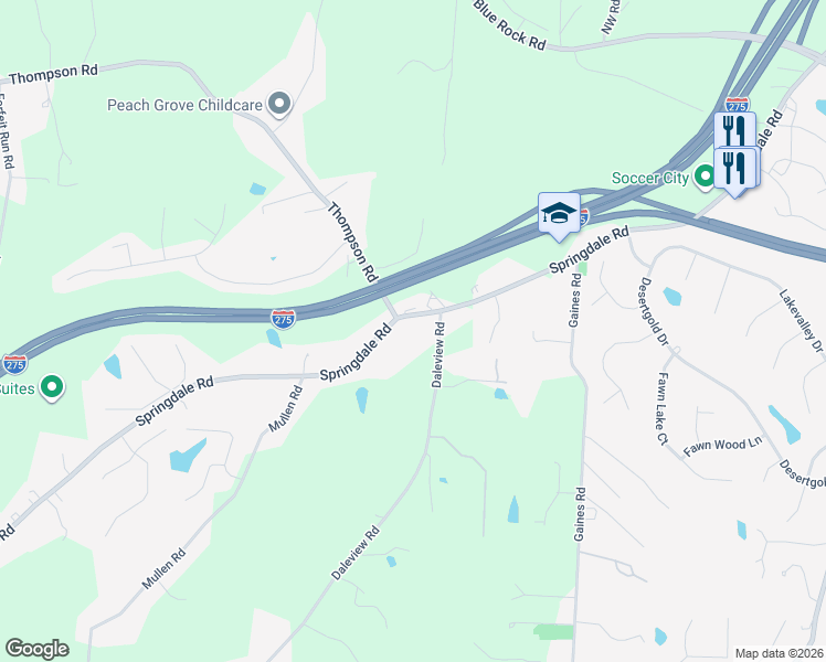 map of restaurants, bars, coffee shops, grocery stores, and more near 6011 Springdale Road in Cincinnati