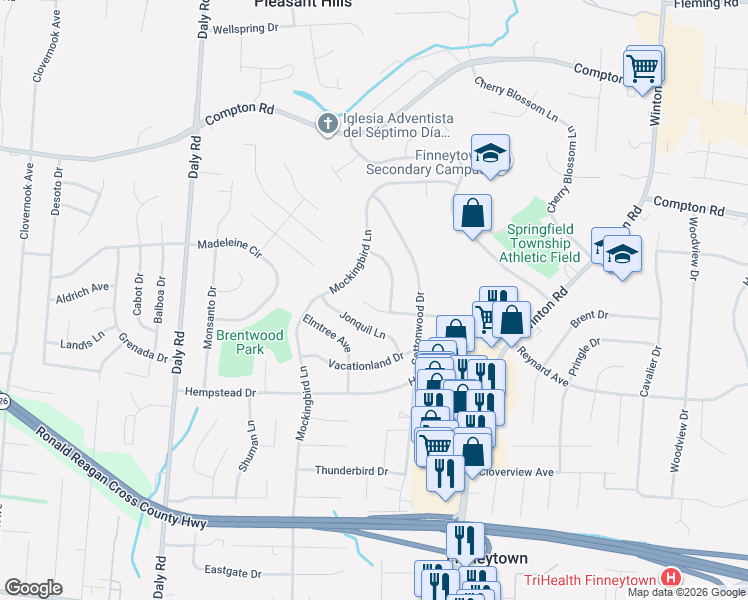 map of restaurants, bars, coffee shops, grocery stores, and more near 1034 Hollytree Drive in Cincinnati