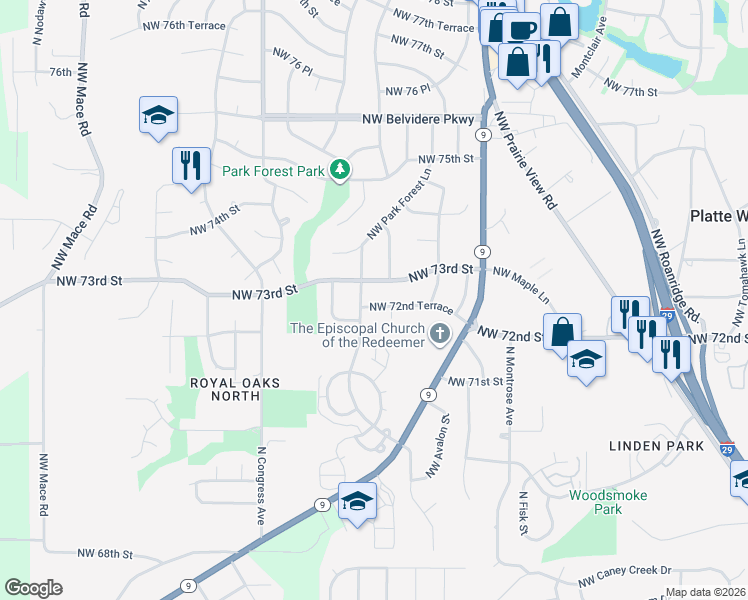 map of restaurants, bars, coffee shops, grocery stores, and more near 7108 Northwest 72nd Terrace in Kansas City