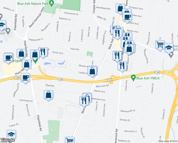 map of restaurants, bars, coffee shops, grocery stores, and more near 4548 Leslie Avenue in Cincinnati