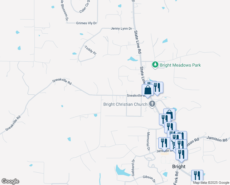 map of restaurants, bars, coffee shops, grocery stores, and more near 2360 Sneakville Road in Lawrenceburg