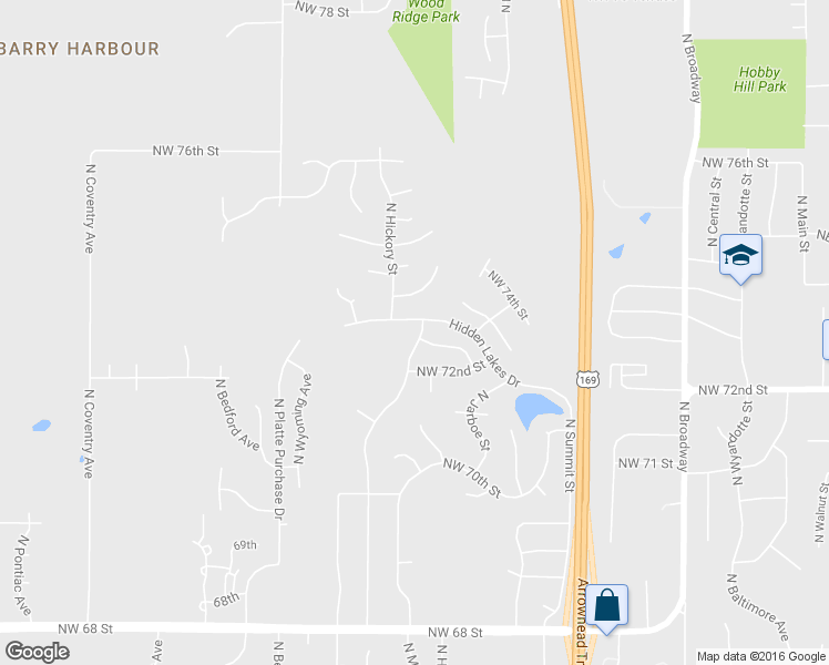 map of restaurants, bars, coffee shops, grocery stores, and more near 7228 North Hickory Street in Kansas City