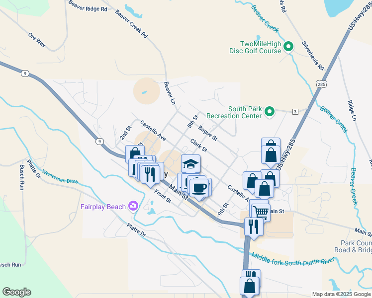 map of restaurants, bars, coffee shops, grocery stores, and more near 550 Castello Avenue in Fairplay