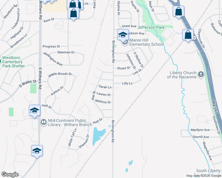map of restaurants, bars, coffee shops, grocery stores, and more near 503 Sarah Lane in Liberty