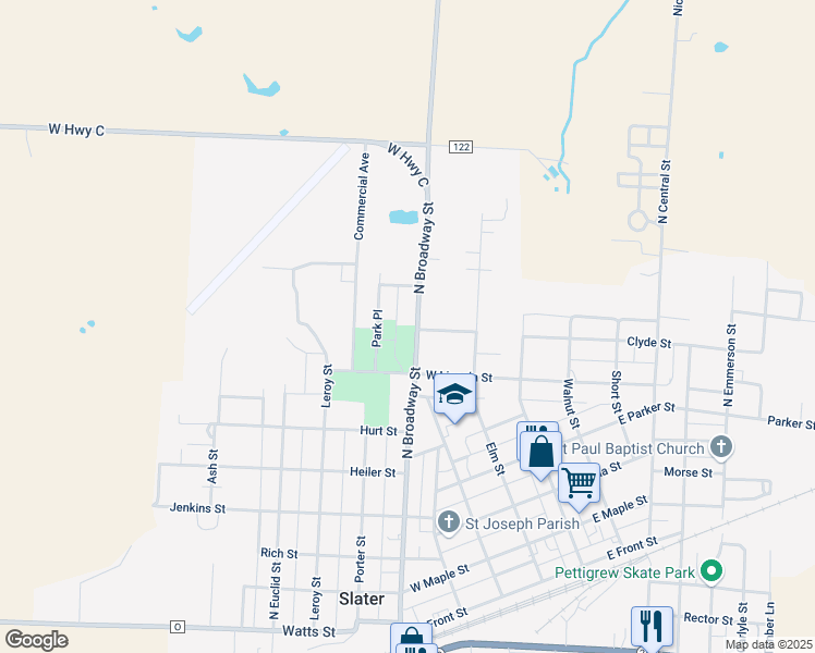 map of restaurants, bars, coffee shops, grocery stores, and more near 801 North Broadway Street in Slater