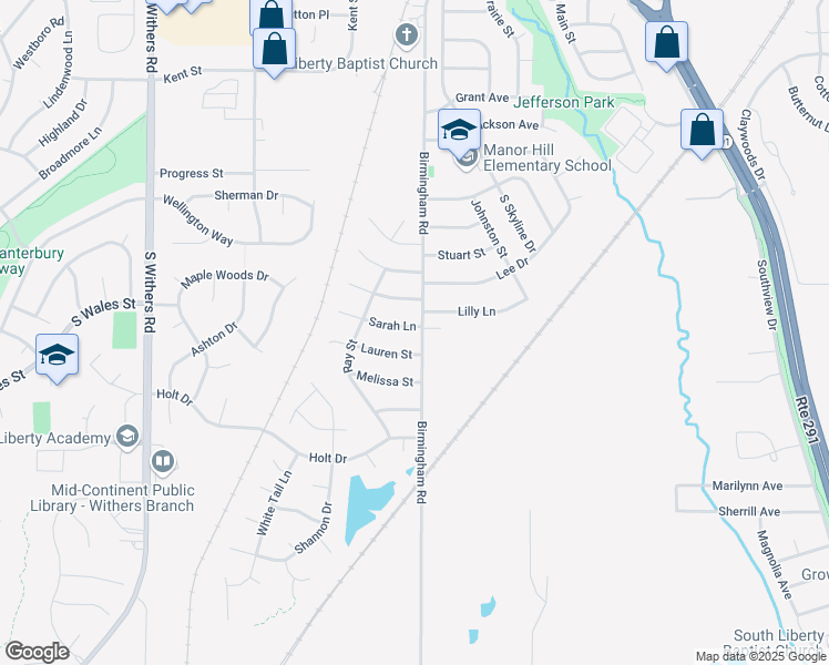 map of restaurants, bars, coffee shops, grocery stores, and more near 503 Sarah Lane in Liberty