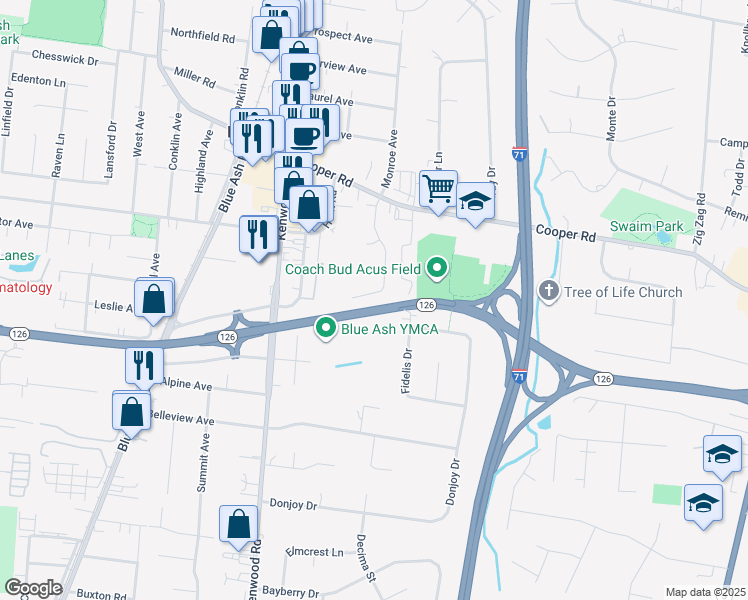 map of restaurants, bars, coffee shops, grocery stores, and more near 9328 Wynnecrest Drive in Cincinnati