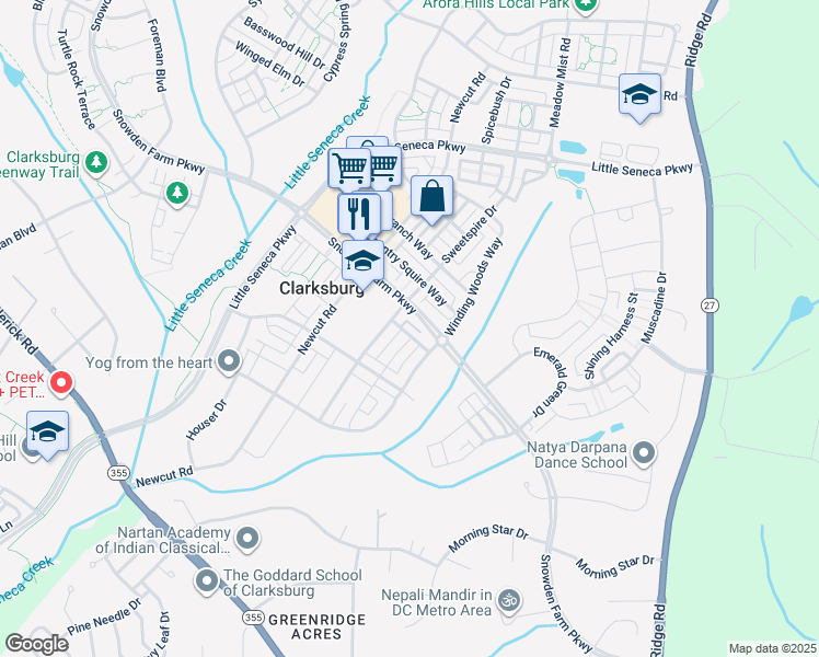 map of restaurants, bars, coffee shops, grocery stores, and more near 11935 Breezy Meadow Drive in Clarksburg