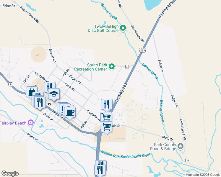 map of restaurants, bars, coffee shops, grocery stores, and more near 1139 Bullet Road in Fairplay