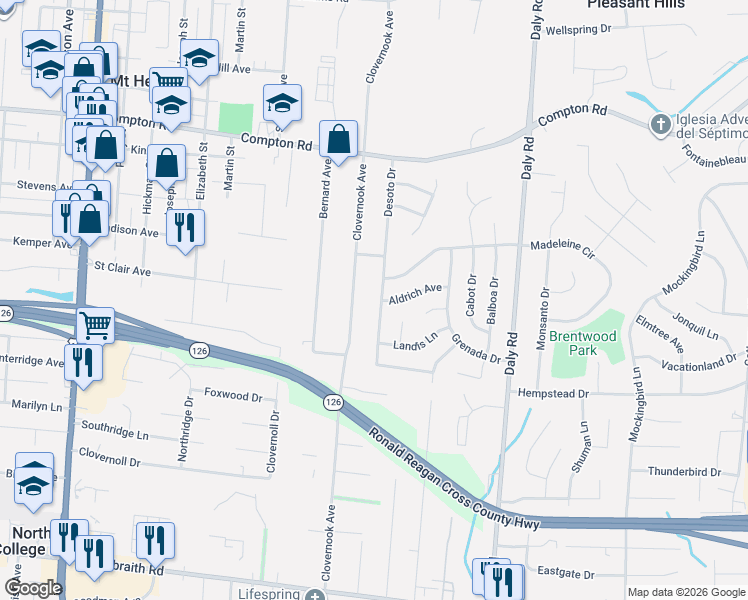 map of restaurants, bars, coffee shops, grocery stores, and more near 8780 Desoto Drive in Cincinnati