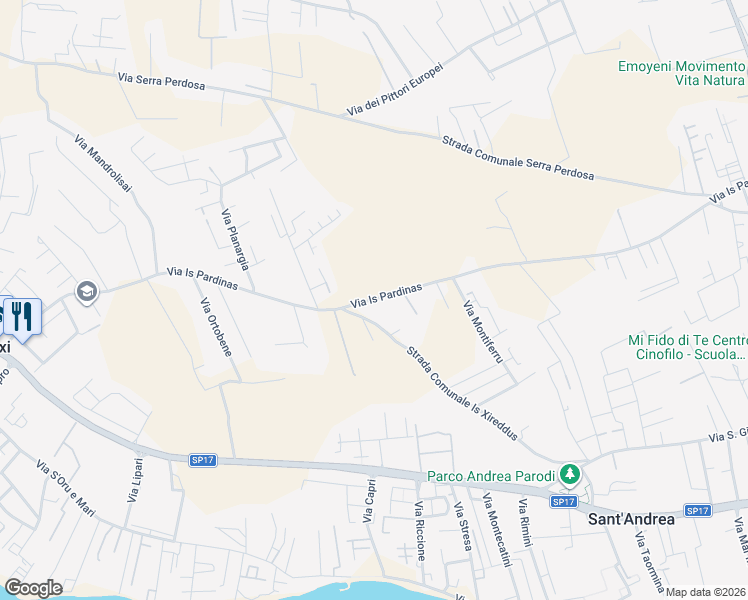 map of restaurants, bars, coffee shops, grocery stores, and more near 38a Via Is Pardinas in Quartu Sant'Elena