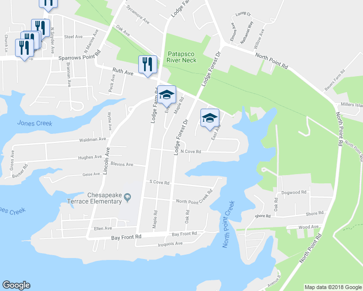 map of restaurants, bars, coffee shops, grocery stores, and more near 2408 Woodridge Road in Sparrows Point