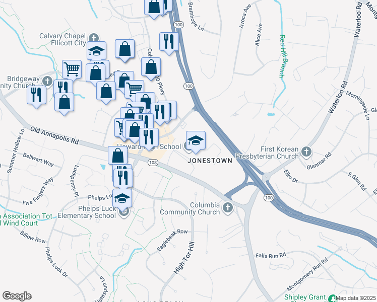 map of restaurants, bars, coffee shops, grocery stores, and more near 8700 Old Annapolis Road in Ellicott City