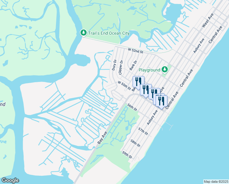 map of restaurants, bars, coffee shops, grocery stores, and more near 44 South Inlet Drive in Ocean City